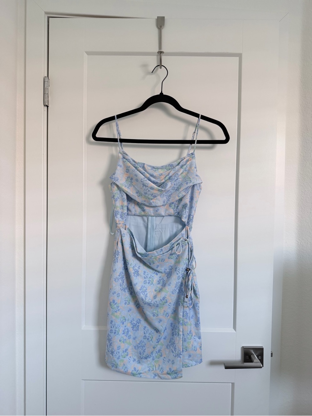 Floral Cowl Neck Tie-Side Mini Dress in Light Blue